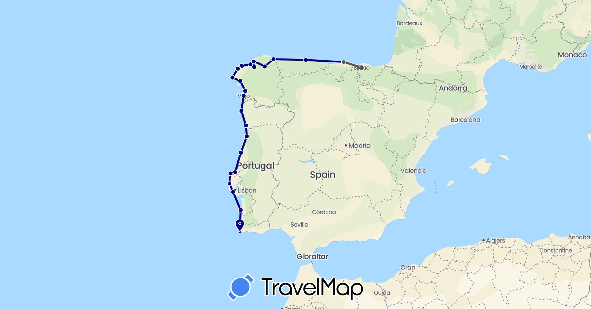 TravelMap itinerary: driving, motorbike in Spain, Portugal (Europe)